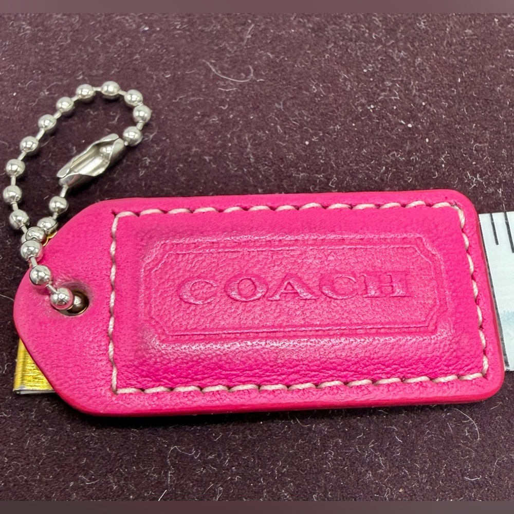 COACH Pink Leather KEY FOB Bag Charm Keychain HangTag 2”L Tan Back